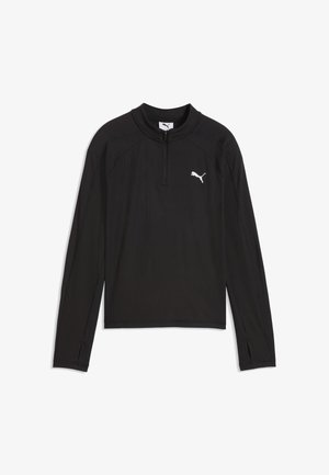 Sort atletisk trøje med lange ærmer, kvart lynlås, tommelhuller og et hvidt Puma-logo på øverste venstre bryst.