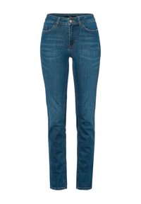 Jean en denim bleu avec une coupe droite, comprenant des poches avant, des passants de ceinture, et une fermeture éclair avec un bouton.