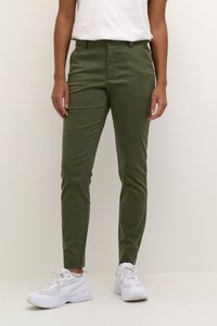 Green fitted trousers with a smooth texture, featuring a mid-rise waistband, side pockets, and a slim ankle cut, paired with white sneakers.