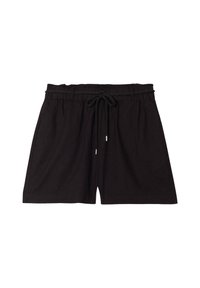 Shorts noirs en tissu léger, dotés d'une taille élastique avec cordon de serrage et de poches latérales. Texture lisse, design simple.