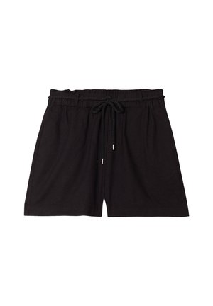 Pantalones cortos negros de tejido ligero, con una cintura elástica y cordón ajustable, y bolsillos laterales. Textura suave, diseño sencillo.