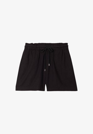 Schwarze Shorts aus leichtem Stoff, mit einem elastischen Bund und einem Kordelzug sowie seitlichen Taschen. Glatte Textur, schlichtes Design.