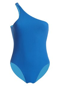 Bañador de una pieza azul con textura acanalada, que presenta una tirante asimétrico y un forro interior en contraste. Acabado suave, diseño ajustado.