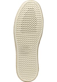Semelle de chaussure en caoutchouc crème avec un motif de semelle ondulé et de petites perforations. Présente une marque Geox en relief et des détails de brevet italien.