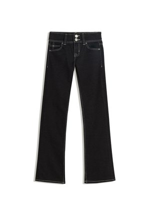 Schwarze Jeans aus Denim mit hohem Bund, zwei silbernen Knöpfen, Taschen vorne und hinten sowie weißen Kontrastnähten.