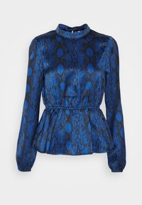 Blusa a maniche lunghe blu e nera con motivo, vita arricciata e collo alto. Realizzata in tessuto morbido con design peplum.