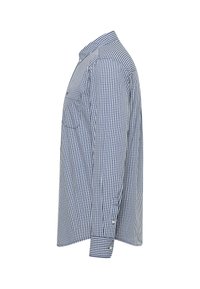 Blue and white checkered long-sleeve shirt with a classic collar, button front, and adjustable cuffs. Cotton fabric with smooth texture.