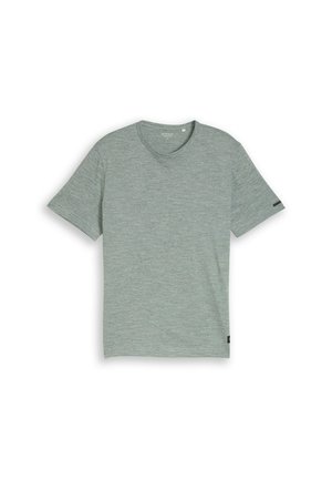 Rövid ujjú uniszex világosszürke környakú póló, laposan elrendezve, finom melírozott textúrával és kis fekete szövet címkékkel az ujján és az alsó szélén.