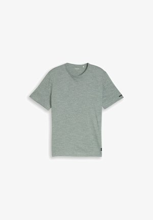 Unisex kratka majica s kratkimi rokavi svetlo sive barve z okroglim izrezom, položena na ravno površino, z nežno melirano teksturo in majhnimi črnimi tkanimi oznakami na rokavu in spodnjem robu.