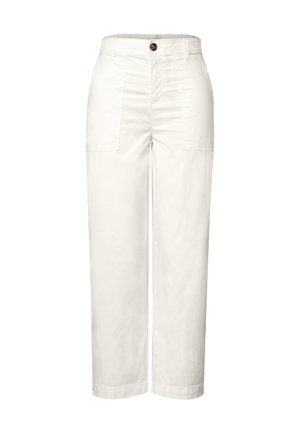 Pantaloni bianchi in cotone a gamba larga con vita alta, dotati di due tasche frontali e chiusura con bottone. Tessuto liscio e vestibilità comoda.