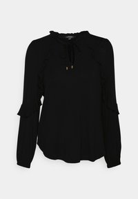 Svart långärmad blus med rynkad halsringning och ärmar, med en knytdelning och mjukt tyg. Guldaccenter på banden.