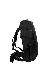 Zaino nero con design aerodinamico, realizzato in materiale resistente. Presenta tasche in rete, spallacci regolabili e una tasca superiore.