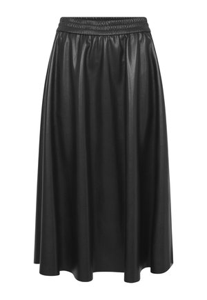 Schwarzer Midirock aus Kunstleder mit elastischem Bund und leicht ausgestelltem Schnitt, glatte glänzende Textur, auf weißem Hintergrund präsentiert.