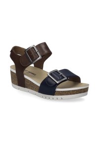 Braune und marineblaue Leder-Wedgesandalen mit zwei verstellbaren Schnallenriemen, einer Korkmitte und einer weißen Gummisohle.