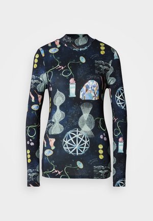 Long-sleeve shirt with a dark background, featuring abstract patterns in multiple colors, including geometric shapes, hands, and botanical elements.
