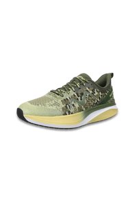 Scarpa atletica verde chiaro con tomaia in mesh traspirante, motivo mimetico, suola imbottita e accenti verde scuro. Punta in gomma nera.