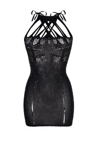 Czarna sukienka bez rękawów o przezroczystym wzorze, z krzyżującymi się ramiączkami i dopasowanym krojem oraz fakturowaną powierzchnią.