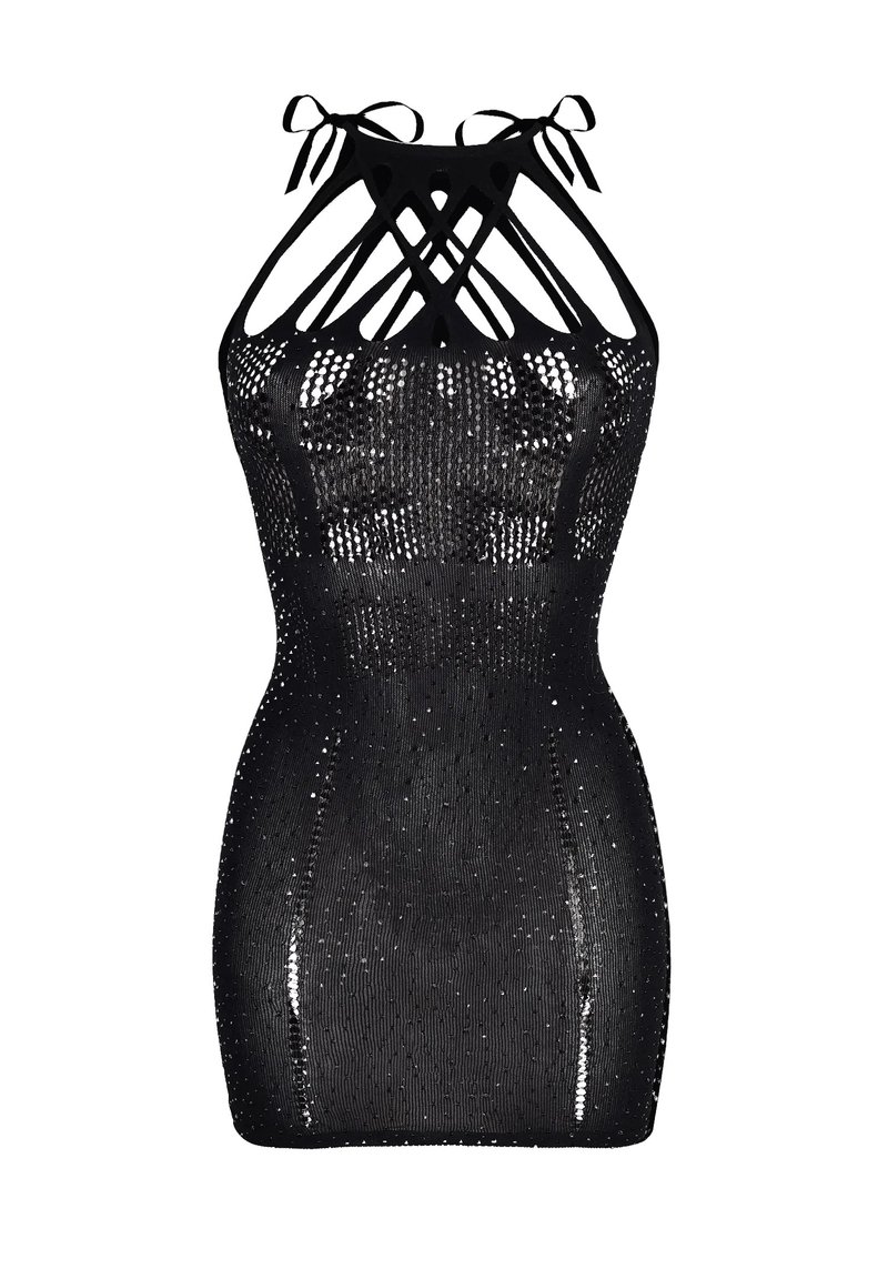 Czarna sukienka bez rękawów o przezroczystym wzorze, z krzyżującymi się ramiączkami i dopasowanym krojem oraz fakturowaną powierzchnią.