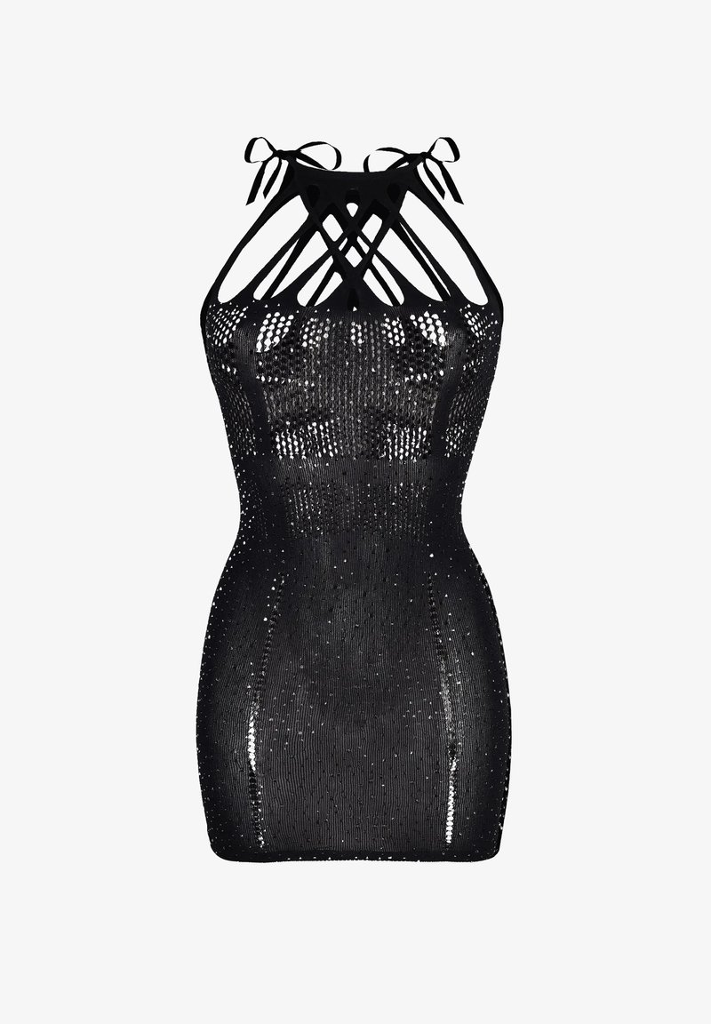 Czarna sukienka bez rękawów o przezroczystym wzorze, z krzyżującymi się ramiączkami i dopasowanym krojem oraz fakturowaną powierzchnią.