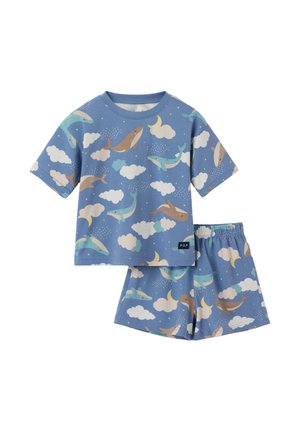 Blauw setje van overhemd met korte mouwen en korte broek met patroon van walvissen, wolken, maan en regen voor kinderen.