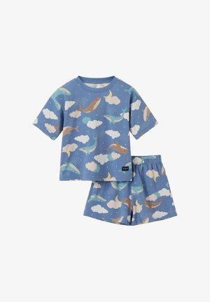Blåt sæt med kortærmet skjorte og shorts med mønstre af hval, sky, måne og regn til børn.