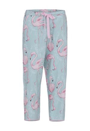 Hellblaue Schlafanzughose mit rosa Flamingo-Muster und rosa Kordelzug an der Taille.
