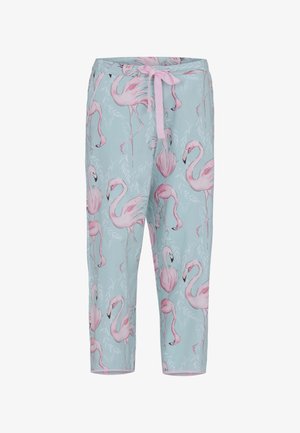 Jasnoniebieskie spodnie do piżamy z różowym nadrukiem flamingów i różowym wiązaniem w pasie.