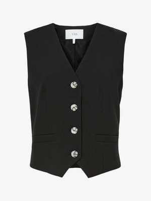 Zwart mouwloos vest met een V-hals, sluiting met vijf zilverkleurige knopen en twee voorszakken. Gemaakt van gladde stof met een getailleerde pasvorm.