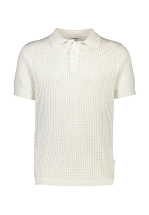 Witte polo met korte mouwen en een textuur, open gebreid ontwerp. Heeft een klassieke kraag en een knoopsluiting met drie knopen. Zacht, ademend materiaal.