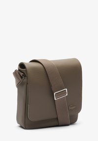 Borsa a tracolla marrone con texture, con patta, tracolla regolabile e rifiniture in argento. Presenta un logo discreto sul davanti.