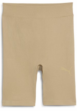 Krémové ribbé šortky s elastickým pasem, které mají malé žluté logo Puma na spodní levé straně. Hladký, elastický materiál.