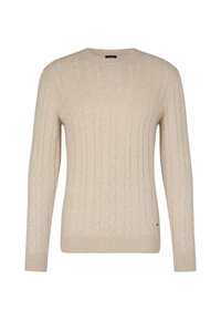 Cremefarbener Kabelstrickpullover mit langen Ärmeln, rundem Halsausschnitt und geripptem Saum. Verfügt über ein strukturiertes Muster im gesamten Oberteil. Weicher Stoff.
