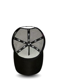 Black cap with a structured front and mesh back. Features contrasting stitching, interior labels, and a curved visor.