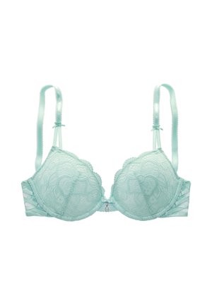 Light blue lace bra with adjustable straps, scalloped edges, small bows, and a pearl charm in the center.