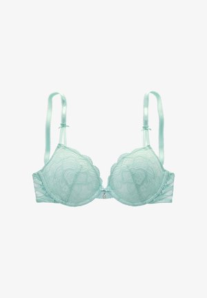 Light blue lace bra with adjustable straps, scalloped edges, small bows, and a pearl charm in the center.