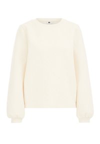 Kermanvärinen pitkähihainen collegepaita, jossa on hienovarainen teksturoitu timanttikuvio, pyöreä pääntie ja elastiset hihansuut.