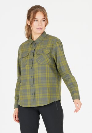 Plaid shirt in green and gray. Features a button-down collar, two chest pockets, and long sleeves with button cuffs. Soft fabric texture.