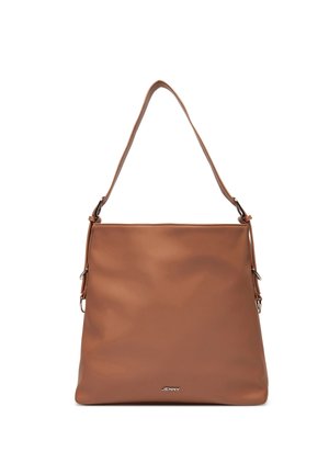 Borsa a tracolla in pelle marrone con una singola tracolla larga e logo argentato "JENNY" vicino al centro in basso.