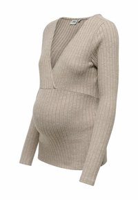 Beige gestreifte Strickmaternity-Oberteil mit langen Ärmeln und tiefem V-Ausschnitt, das ein figurbetontes Design aufweist, das einen wachsenden Bauch accommodates.