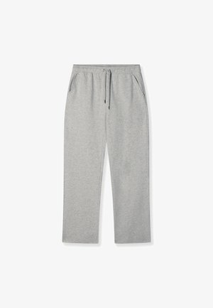 Pantalones deportivos gris claro confeccionados en tejido suave, con una cinturilla elástica con cordón y dos bolsillos laterales.