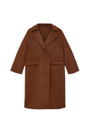 Brown wool double-breasted long coat with wide lapels, two flap pockets, and buttons on the front and cuffs.