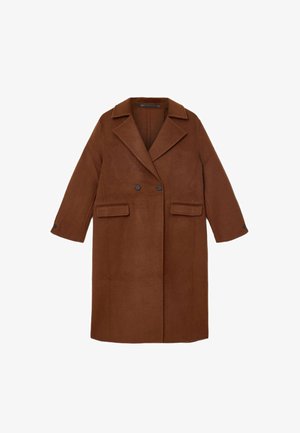 Brauner Wollsakko mit Doppelreihe, langen Ärmeln, breiten Revers, zwei aufgesetzten Taschen und Knöpfen an der Vorderseite sowie an den Manschetten.