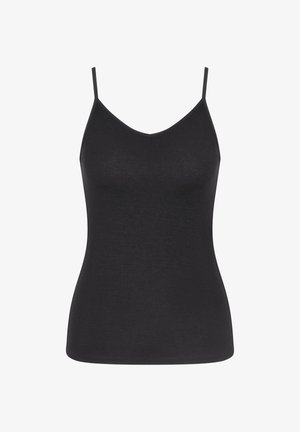 Camisola nera senza maniche con scollatura a V, realizzata in tessuto morbido, presenta spalline sottili e regolabili e una silhouette aderente.