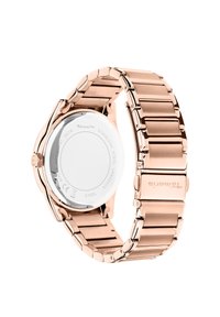 Armbanduhr aus roségoldfarbenem Edelstahl mit einem Gliederarmband, rundem Gehäuse, glattem Metallbezel und einem reflektierenden Ziffernblatt.