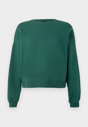 Dark green crewneck sweatshirt with long sleeves and ribbed cuffs and hem, displayed against a plain light background.