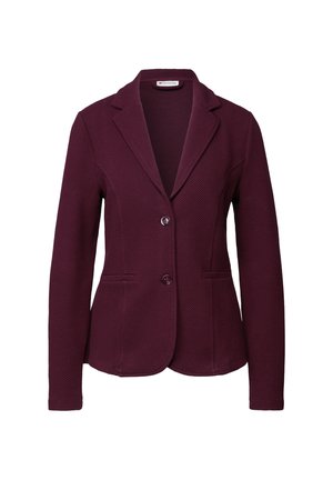 Blazer pour femme à simple boutonnage de couleur violet foncé avec texture, col à revers et deux poches avant, boutonné sur le devant.