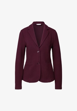 Blazer per donna di colore viola scuro con texture, a un petto, con rever e due tasche frontali, con bottoni davanti.