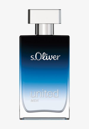 s.Oliver united Herrenduftflasche mit rechteckiger Form, blauen Farbverlaufsglas und silbernem rechteckigem Verschluss.