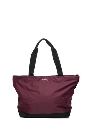 Borsa a tracolla marrone con manici e base neri, con piccolo logo bianco K-Way sul davanti e chiusura con cerniera con linguetta gialla.