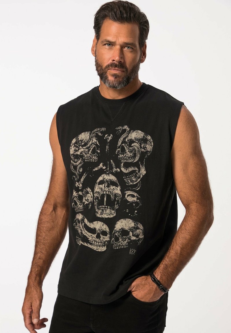 Schwarzes ärmelloses T-Shirt mit einem grafischen Design aus mehreren Schädeln in Beige, aus Baumwolle mit einer weichen Textur und lockerer Passform.